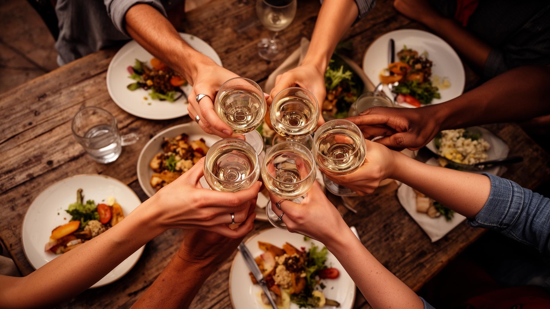 Friends clinking glasses over dinner