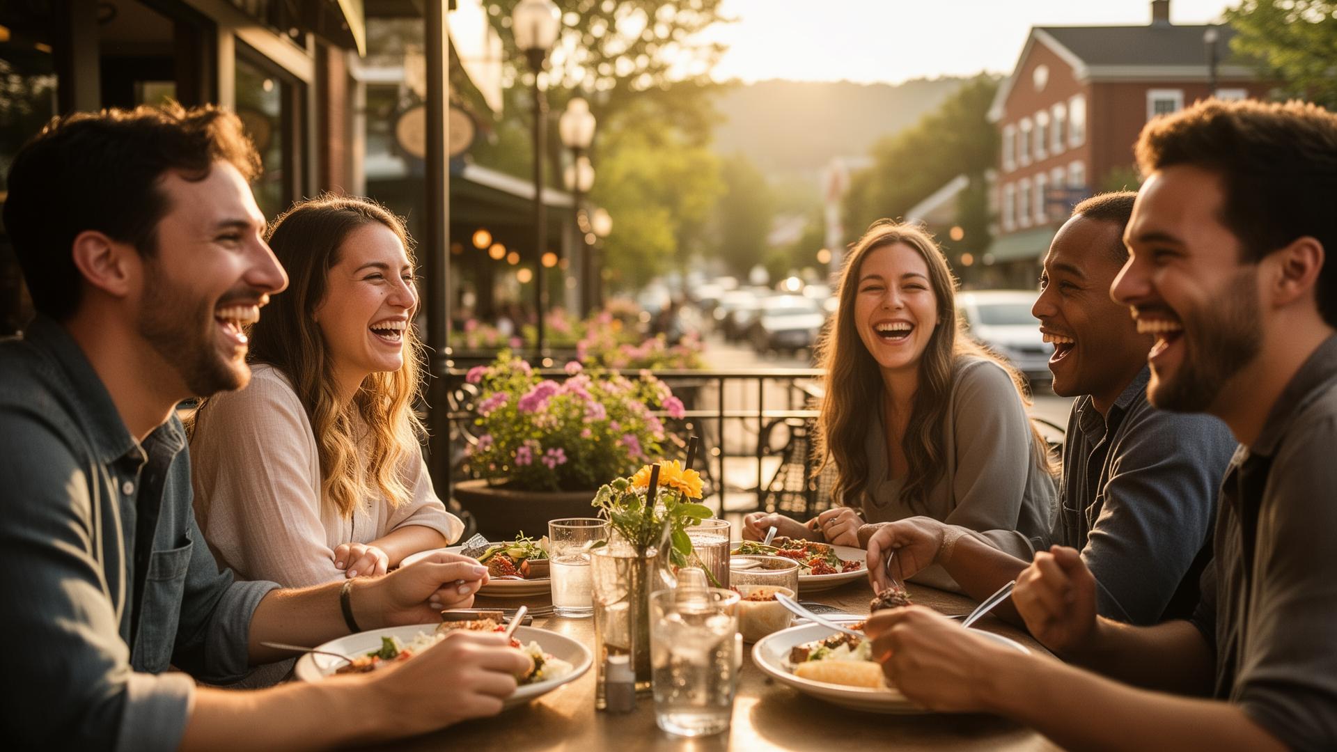 Friends laughing on a summer patio