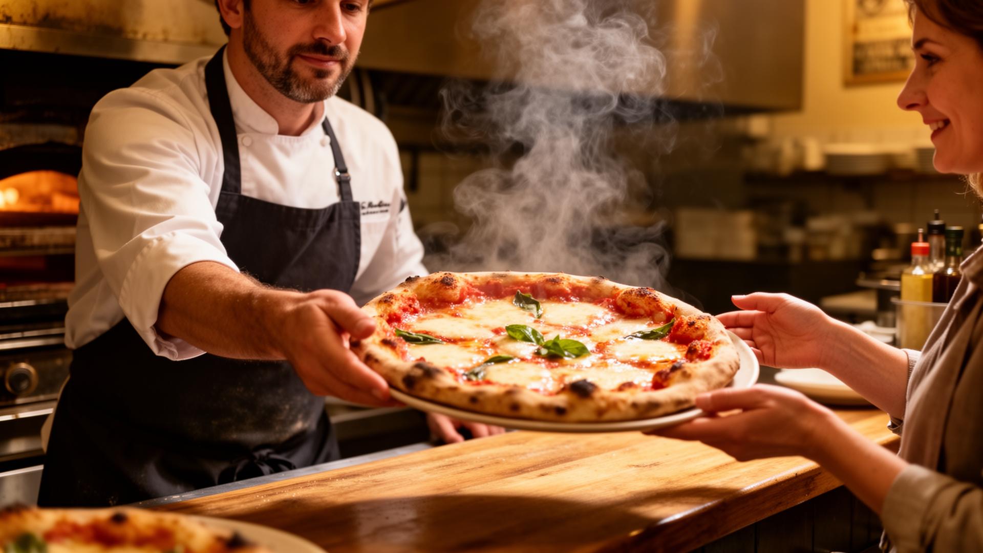 Chef handing pizza to a guest
